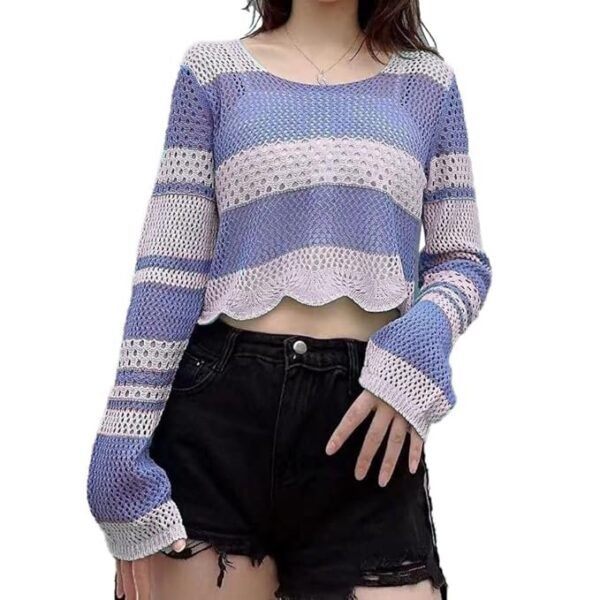 ICW Women’s Korean Style Knitted Sheer Crochet Long Sleeve Hollow Out Colour Block Print Crop Top T-Shirt