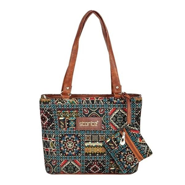 Storite Women’s Tote Bag With Leather Handles & Embroidery Printed Handbag With Zip Pockets, Shoulder Tote Bag And Handbag For Office And College
